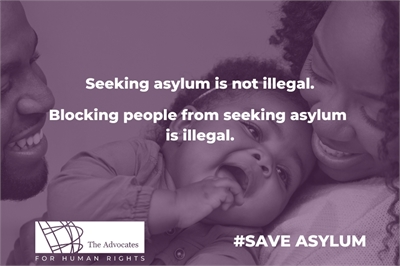 [ai] A close-up of a happy family consisting of a man and a woman with a baby, smiling and playing together. Text overlay states 'Seeking asylum is not illegal. Blocking people from seeking asylum is illegal.' and includes the hashtag #SAVEASYLUM.